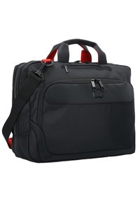 Bolsa para portátil de tela negra con acentos rojos, asas superiores, correa para el hombro, bolsillo frontal con cremallera y superficie texturizada. Diseño duradero y espacioso.