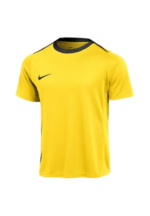 Maglietta sportiva gialla a maniche corte con colletto nero e logo Nike Swoosh nero sul petto destro.