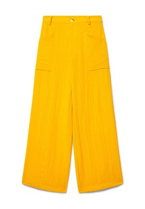 Bright yellow wide-leg pants with high waist, large front patch pockets, button and zipper closure, made of textured fabric.