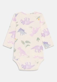 Pitkähihainen vauvan body vaaleassa sävyssä, sisältää pastelinvärisiä dinosauruksia laventelin ja pehmeän sinisen sävyissä, lehtimoottoreilla ja pyöreällä kaula-aukolla.
