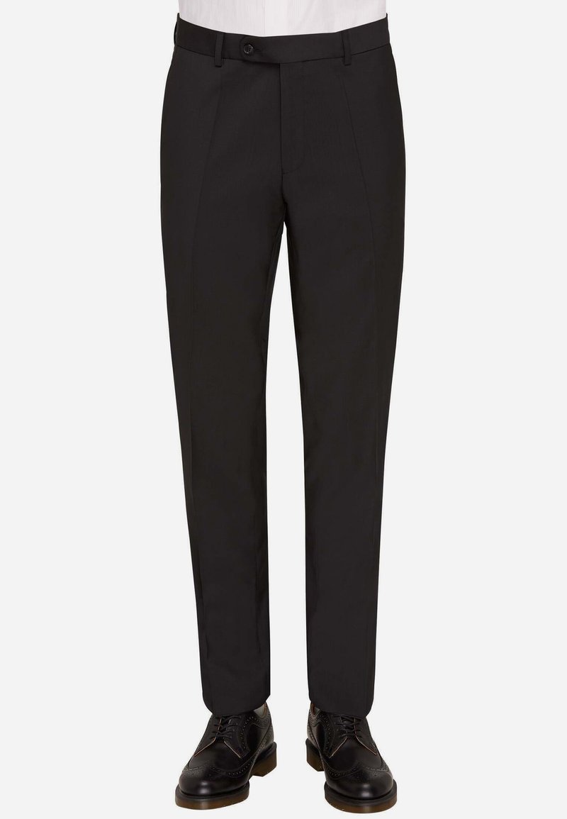 Black tailored pants in a slim fit with a smooth texture, featuring a single button closure and a subtle crease down the front.