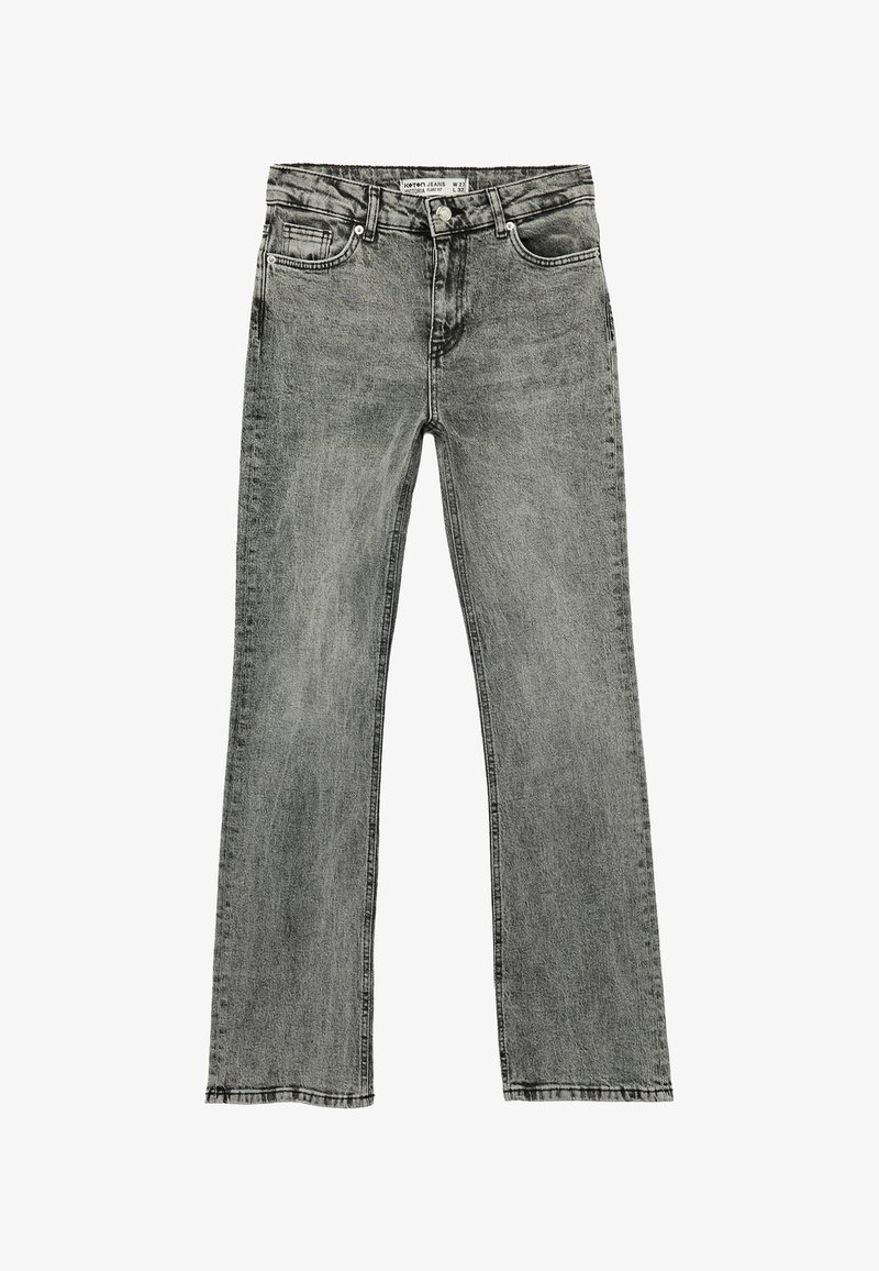 Grå denim jeans med en lige bendesign, der har en subtil tekstur, fem lommer og syede detaljer, der viser en falmet finish.