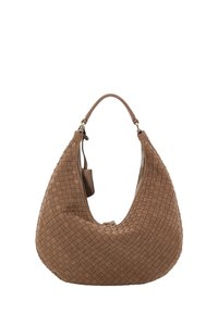 Borsa a forma di mezzaluna in suede marrone con texture intrecciata, manico singolo superiore e piccola tasca attaccata vicino alla chiusura con zip.