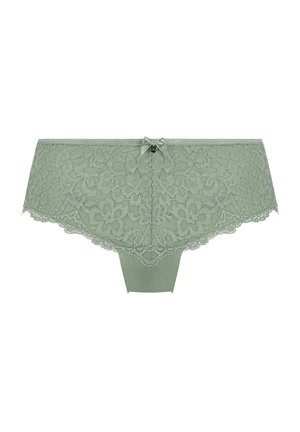 Lace truse i myk grønn farge med blomsterdesign. Har en silkebue med en liten dekorasjon i midten og bølgete kanter.