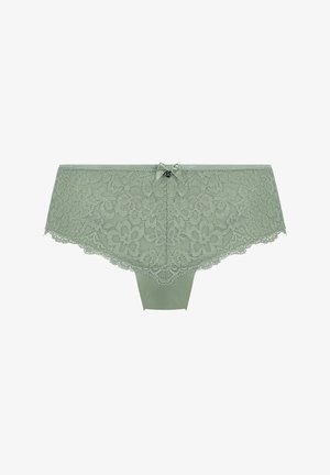 Čipkaste hlačke v mehko zeleni barvi z cvetličnim vzorcem. Imajo svileni lok z majhnim okrasjem na sredini in valovitimi robovi.