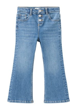 Jean en denim bleu avec trois boutons argentés, poches avant et jambes légèrement évasées, présenté à plat sur fond blanc.