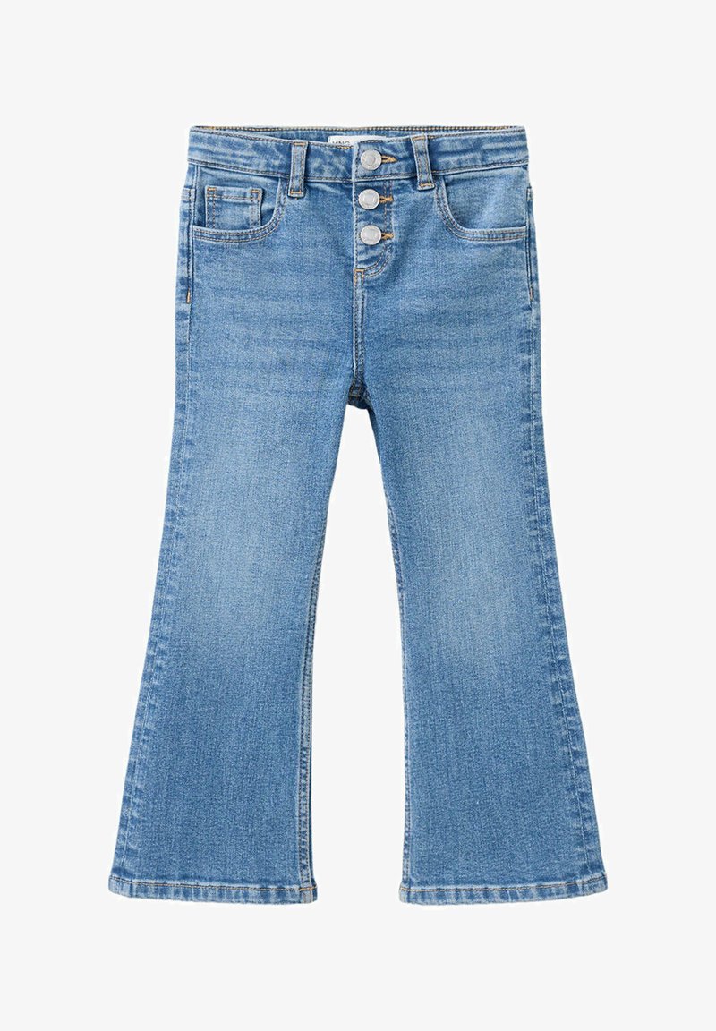 Jean en denim bleu avec trois boutons argentés, poches avant et jambes légèrement évasées, présenté à plat sur fond blanc.