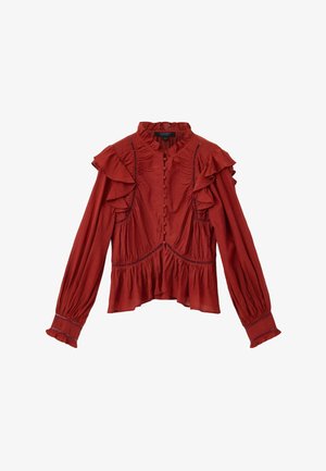 Rode blouse met lange mouwen, ruffle accenten, knoopsluiting aan de voorkant, opgesloten taille en decoratieve stiksels langs de zijkanten en mouwen.