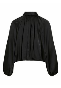 Černá crop top halenka s vysokým límcem, řasenými zády a objemnými rukávy. Vyrobená z hladké, lehké látky.