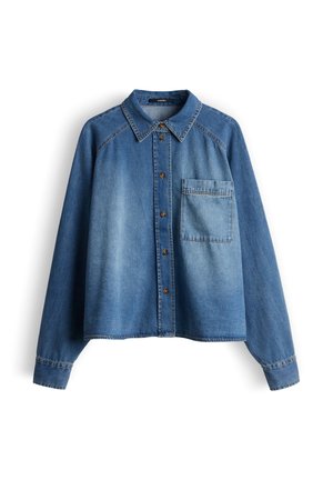 Denim shirt with a collar, long sleeves, a button front, and a single chest pocket. Features a faded blue color and stitched detailing.