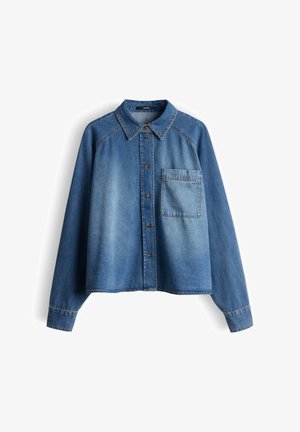 Denim shirt with a collar, long sleeves, a button front, and a single chest pocket. Features a faded blue color and stitched detailing.