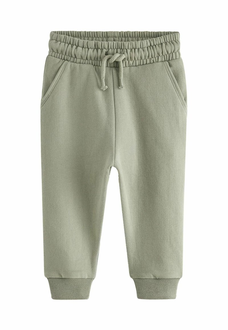 Zielone bawełniane dresy z elastycznym pasem, regulowanym sznurkiem, kieszeniami bocznymi i ściągaczami na mankietach. Gładka tekstura, casualowy design.