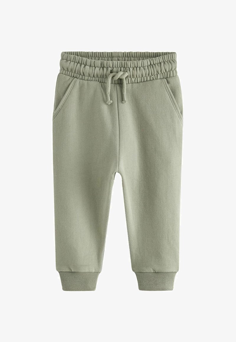 Zielone bawełniane dresy z elastycznym pasem, regulowanym sznurkiem, kieszeniami bocznymi i ściągaczami na mankietach. Gładka tekstura, casualowy design.