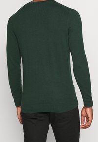 Personne portant un pull vert foncé à manches longues et un pantalon noir, vue de dos sur un fond clair uni.