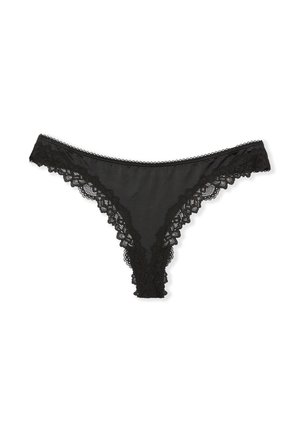 Schwarzer Spitzen-String mit floraler Spitzenborte entlang der Kanten und einem glatten, satinähnlichen Körper. Verfügt über ein niedrig geschnittenes Design und minimale Rückendeckung.