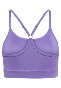 Lila sportbh med ett slätt, stretchigt material. Har en rundad halsringning, justerbara axelband och en racerback-design med en blommig accent.