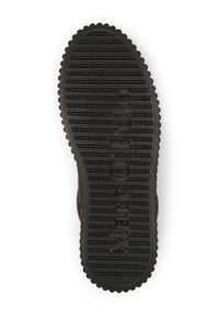 Suola di scarpa in gomma nera con ampie scanalature, caratterizzata da testo in rilievo "Marc O'Polo." Forma ovale con una superficie texturizzata per una migliore aderenza.