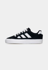 Black suede sneaker with white stripes, featuring lace-up design, rubber sole, and textured detailing on upper and sides.
