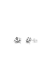 Des boucles d'oreilles en argent sterling en forme de fleur de lotus présentent un design de pétales avec une finition polie et des lignes noires accentuées pour les détails.