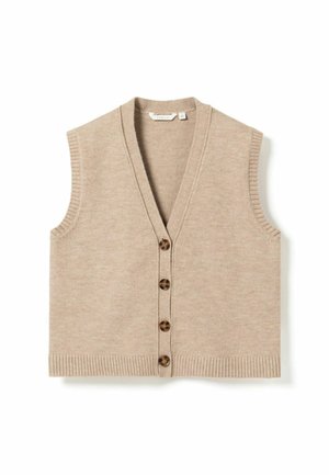 Beige knit sleeveless vest with ribbed edges and four brown buttons down the front, featuring a V-neck collar.