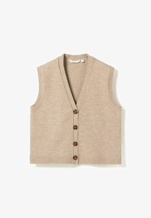 Beige strikket ærmeløs vest med ribbede kanter og fire brune knapper foran, med en V-udskæring.
