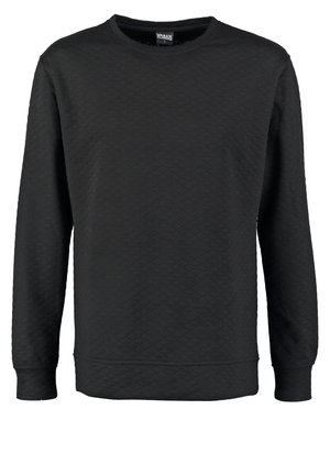 Schwarzer Pullover aus strukturiertem Stoff mit einem Rautenmuster. Verfügt über einen Rundhalsausschnitt, lange Ärmel und ein geripptes Bündchen sowie gerippte Ärmelabschlüsse.