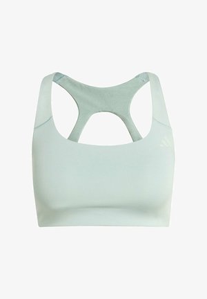 Svetlomodrá športová podprsenka s hladkým materiálom, strihom s prekríženými ramienkami a otvoreným výrezom, s malým logom na prednej strane.