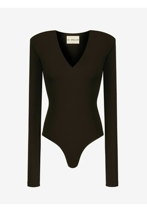 Czarne body z długim rękawem, dekoltem w serek, dopasowaną sylwetką oraz widoczną metką marki "LE COLLET" na tylnej części kołnierza.