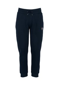 Pantaloni della tuta blu navy con vita regolabile, gambe affusolate e tasche laterali. Tessuto in morbido misto cotone con un piccolo logo decorativo.