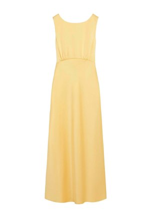 Vestido maxi amarillo sin mangas con cintura ceñida y falda fluida, presentado sobre un fondo blanco.