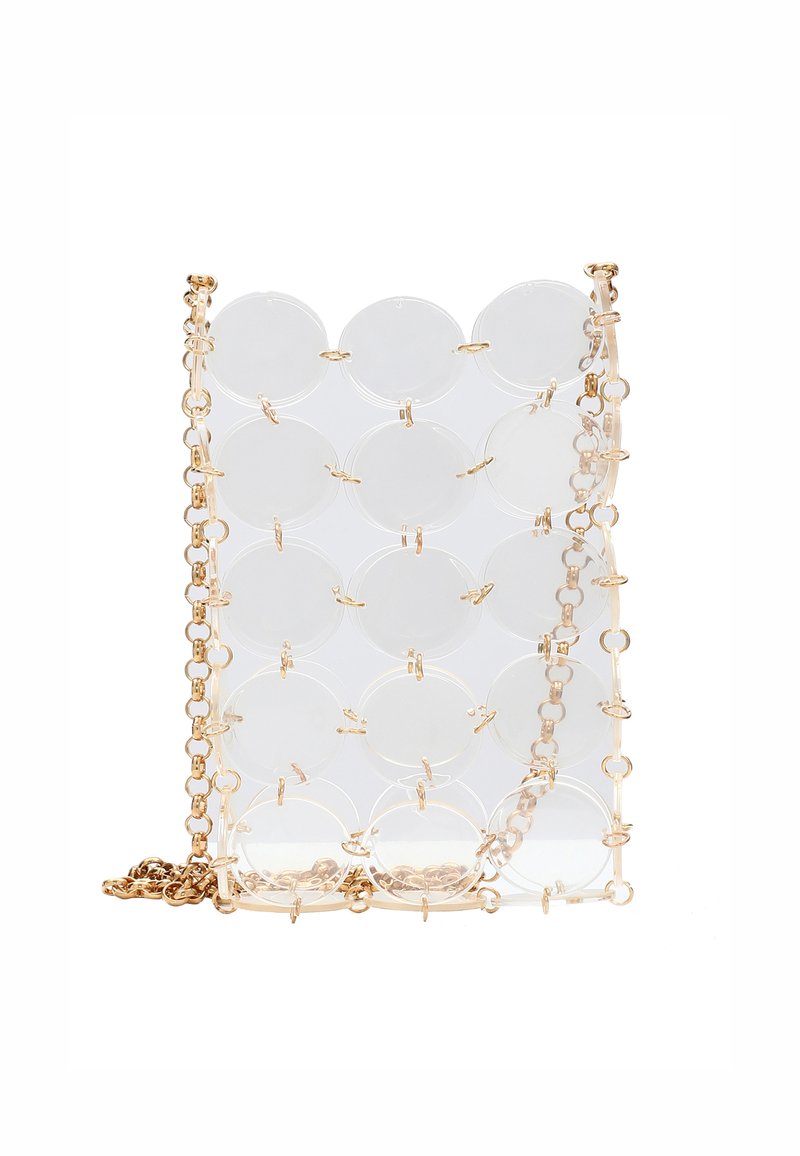 Transparente Acryl-Tasche mit runden Scheiben, goldenen Beschlägen und einer Kettenriemen, mit glatter Textur und strukturierter rechteckiger Form.