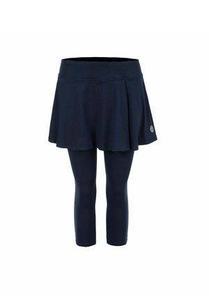 Marineblauer Sportrock mit angenähten kurzen Leggings und elastischem Bund, mit kleinem Logo am Rock nahe dem Saum.