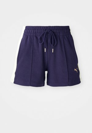 Navy blue shorts with an elastic waistband and drawstring. Features white side panels and a gold logo on the front left. Textured fabric.