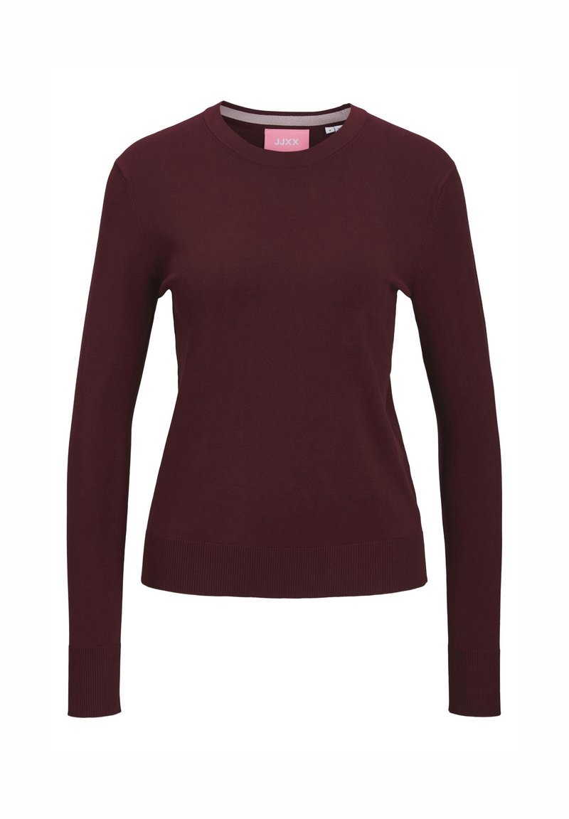 Pull à manches longues col rond bordeaux foncé avec poignets et base côtelés, conçu pour une silhouette ajustée.