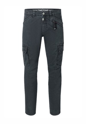 Black cargo pants with a slim fit, featuring multiple pockets, a zippered side pocket, and a textured fabric. Waistband branded "TIMEZONE."