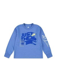 Felpa a maniche lunghe blu con grafica "JUST DO IT" in navy e giallo, con polsi a costine e design a girocollo.
