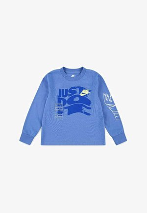 Felpa a maniche lunghe blu con grafica "JUST DO IT" in navy e giallo, con polsi a costine e design a girocollo.
