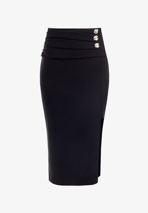 Gonna nera a matita con vita alta, dettagli arricciati e tre bottoni decorativi sul lato. Tessuto liscio con un design alla lunghezza del ginocchio.