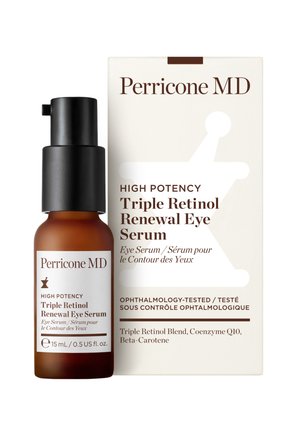 Flacon et boîte du Sérum Yeux Perricone MD à Triple Rétinol Haute Puissance avec détails du produit et ingrédients listés.