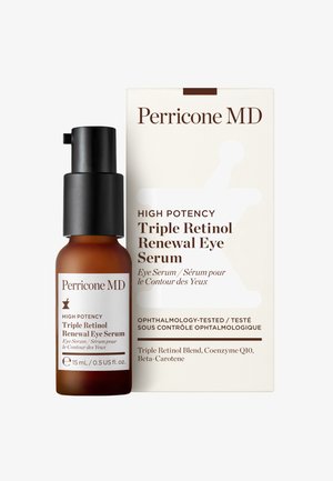 Flacon et boîte du Sérum Yeux Perricone MD à Triple Rétinol Haute Puissance avec détails du produit et ingrédients listés.