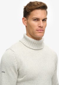Lys grå turtleneck sweater med ribbet krave, strikket tekstur og et subtilt melange-mønster. Har et lille accent på ærmet.