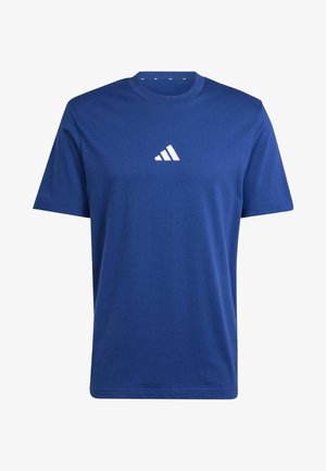 Blaues Baumwoll-T-Shirt mit kurzen Ärmeln und rundem Ausschnitt. Weißes Logo in Form von drei diagonalen Streifen auf der Brust.