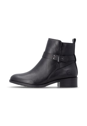 Black leather ankle boot with low block heel, side strap with metal detail, and rounded toe, shown in profile on white background.