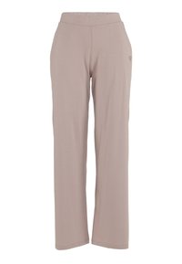 Helle beige, leichte Stoffhosen mit einem breiten, elastischen Bund und geraden Beinen, die ein dezentes Logo-Detail aufweisen.