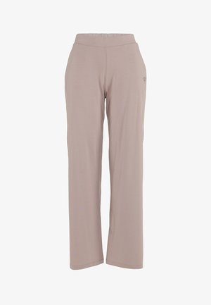 Světle béžové, lehké kalhoty z látky s širokým elastickým pasem a rovnými nohavicemi, s decentním logem.