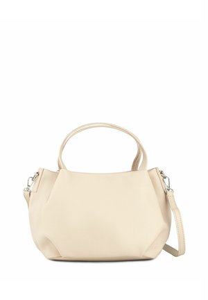 Beige leather handbag with dual handles and a detachable shoulder strap, featuring a smooth texture and tapered shape.