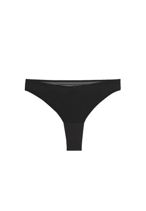 Mutandine a perizoma senza cuciture nere da donna con una fascia stretta in vita e un design posteriore a forma di "T" su sfondo bianco.