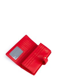 Red wallet made of smooth synthetic material. Features card slots, a transparent ID window, and a snap closure. Gold logo accent present.