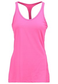 Débardeur de sport rose sans manches avec un dos nageur, fabriqué en tissu lisse et extensible.