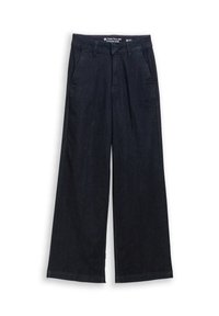 Pantalon en denim à jambes larges de couleur bleu foncé, avec une taille haute, des poches avant et une texture lisse. Coutures finies proprement aux ourlets.